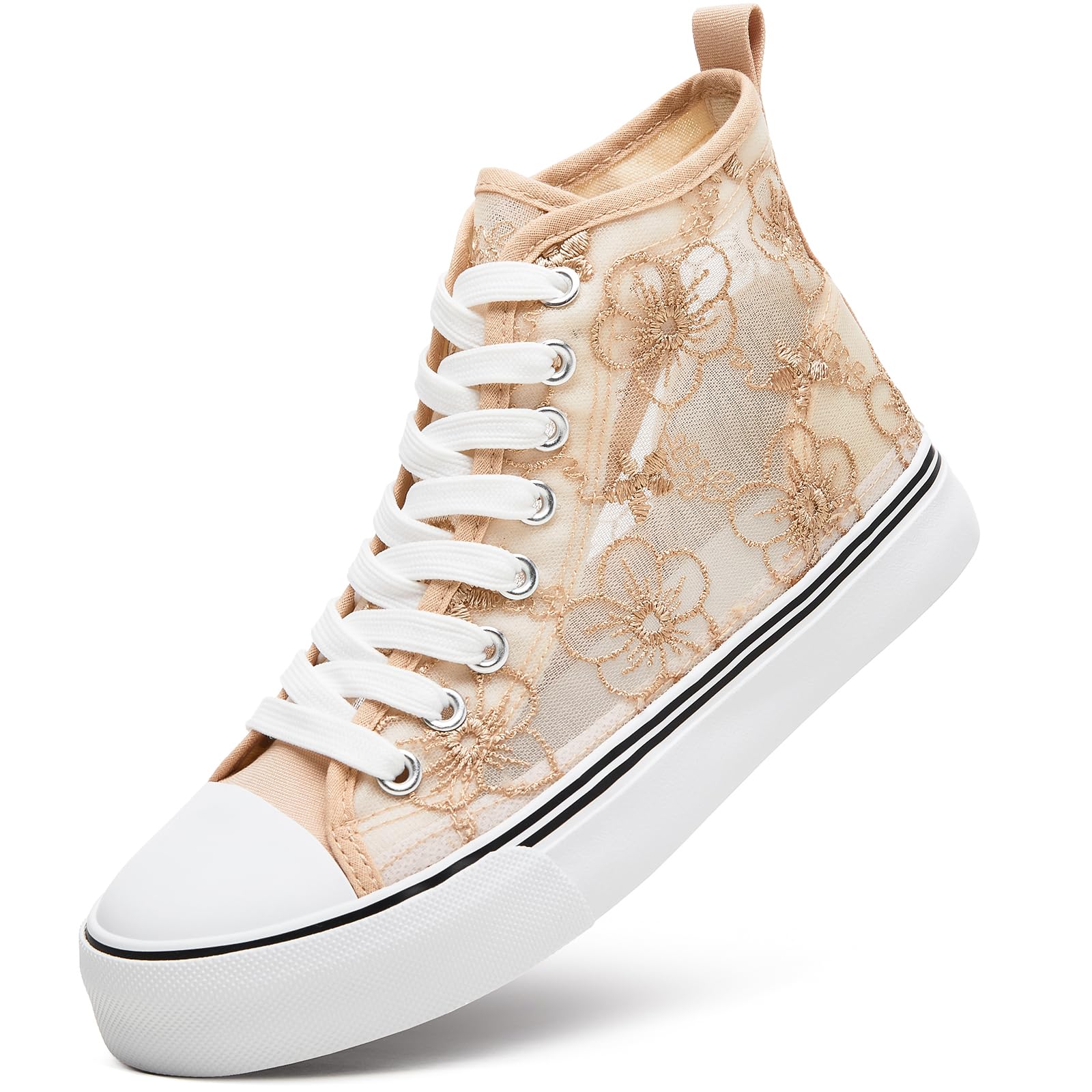 ZGR Women's High Top Canvas Sneakers,Fashion Lace-Up with Embroidery Flower