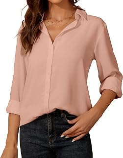 SPRING SEAON Womens Blouse Long Sleeve Chiffon V-Neck Button Down Shirt Casual Office Work Tops for Ladies