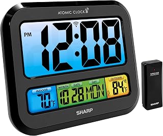 Sharp - Atomic clock with large bright color display, atomic accuracy, easy to read large 3" numbers, indoor outdoor temperature display with sensor