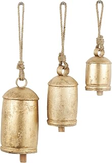 Deco 79 Metal Cow Bells, Meditation Bell, Set of 3, 10", 7", 5"H, Gold | Indoor metal art Tibetan inspired decorative cow bells with jute hanging rope, living room wall decor