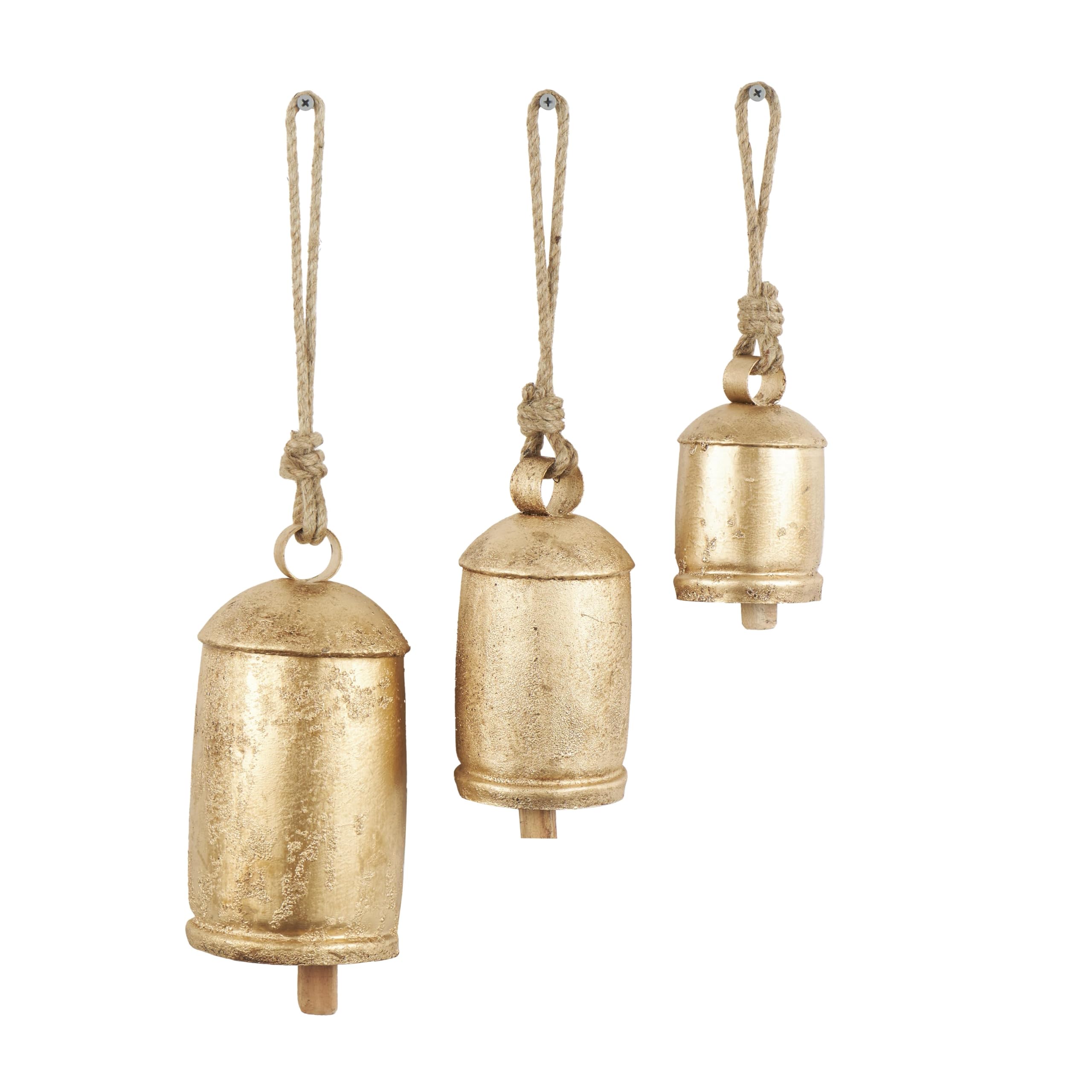 Deco 79 Metal Cow Bells, Meditation Bell, Set of 3, 10", 7", 5"H, Gold | Indoor 