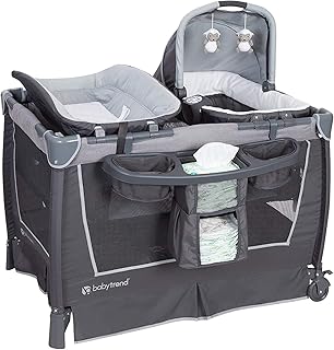 Baby Trend Retreat Nursery Center Playard, Bassinet &amp; Storage, Robin | Portable Playard with Changing Table, Foldable and Convertible Travel Play Crib for Babies and Toddlers