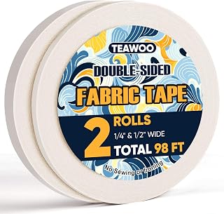 2 Rolls Double Sided Fabric Tape,1/3-1/2IN 98 FT Hem Tape No Sewing No Iron | Clothing Tape for Fabric Bonding & DIY Crafts, Quick Clothing Repairs