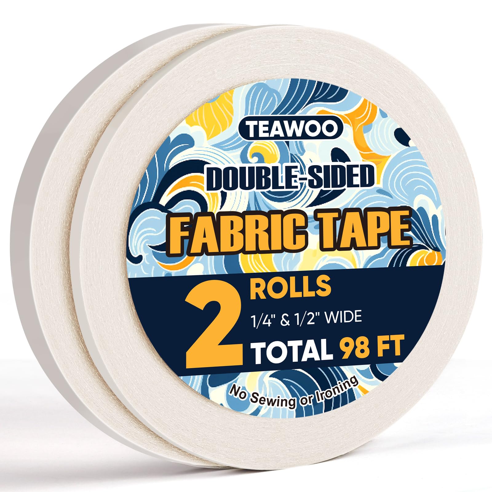 2 Rolls Double Sided Fabric Tape,1/3-1/2IN 98 FT Hem Tape No Sewing No Iron | Cl