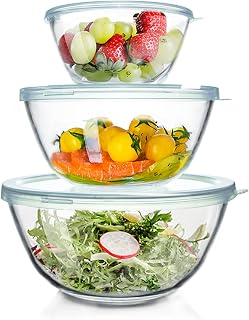 WhiteRhino Glass Mixing Bowls Glass Bowls with Lids Set(4.5QT,2.7QT, 1.1QT),Large Salad Bowls,glass mixing bowl Space-Saving Nesting Storage bowls for Cooking,Baking,Prepping,Dishwasher Safe
