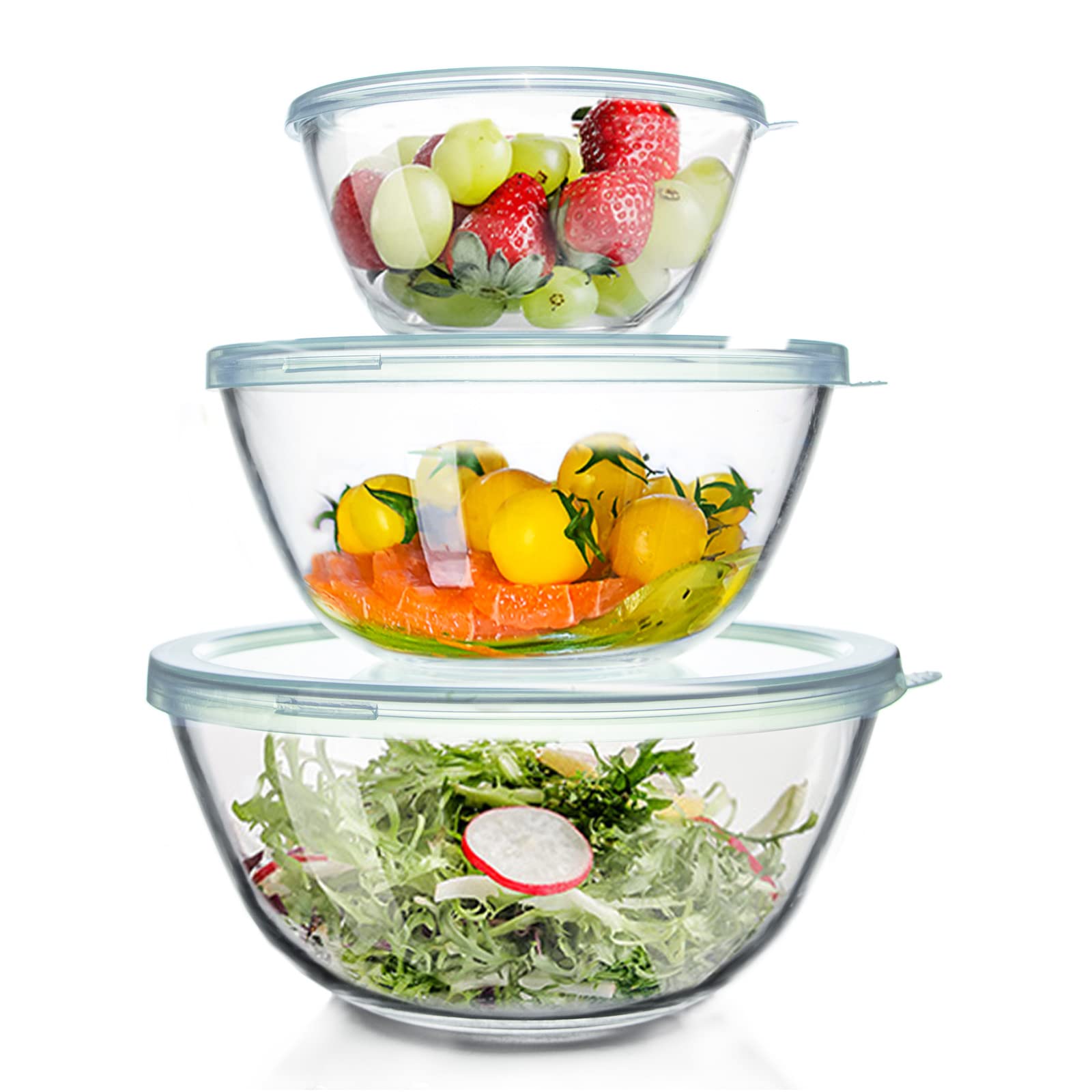 WhiteRhino Glass Mixing Bowls Glass Bowls with Lids Set(4.5QT,2.7QT, 1.1QT),Larg