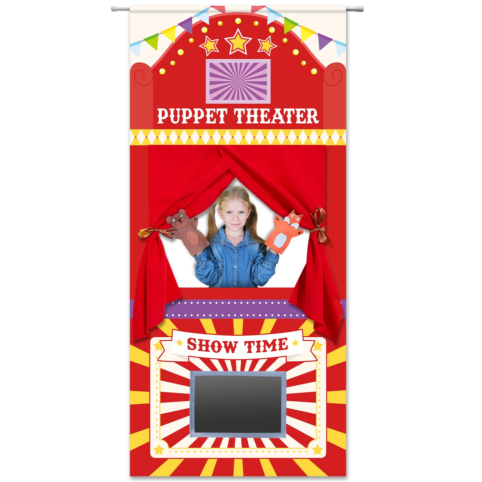 Doorway Puppet Theater with 2 Adjustable Rods 31x67 In Red Yellow Foldable Hangi
