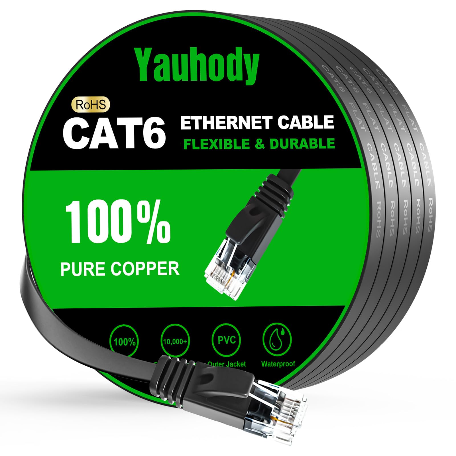 Yauhody CAT 6 Ethernet Cable 10m, Pure Copper High Speed Solid Flat CAT6 | Gigab