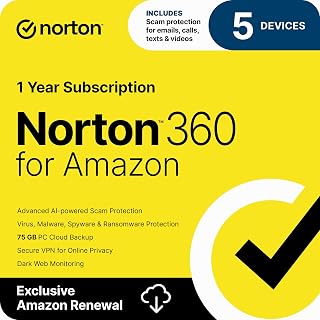 Norton 360 for Amazon Antivirus, 5 Devices, Auto-Renews [Subscription] | Includes Scam Protection Pro, VPN & Dark Web Monitoring & PC Cloud Backup; Activation Required