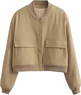 SCUSTY Women's Button Down Bomber Jacket Drop Shoulder Short Cropped Coat Outwear