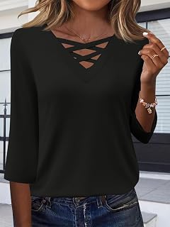 Autumn Women Casual 3/4 Sleeve V Neck Crossed Tops for Everyday Wear