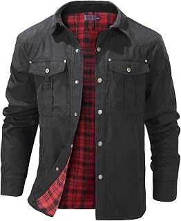 Flygo Mens Flannel Lined Shirt Jacket Snap Button Western Cowboy Jacket