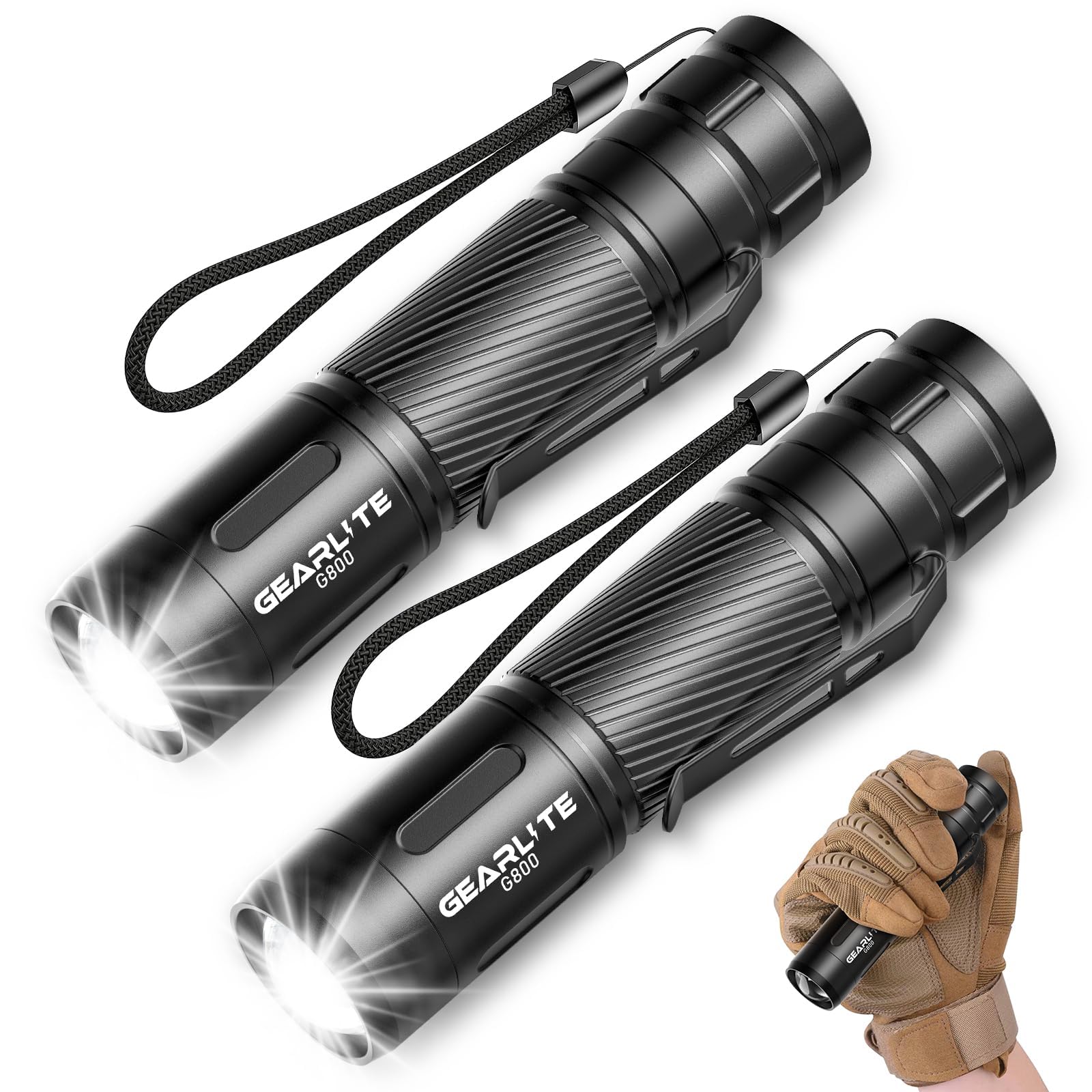 GEARLITE Torch Rechargeable 2 Pack, 2000LM Super Bright Torch with Clip | 3 Ligh