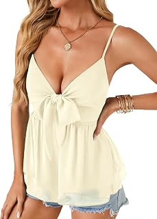LYANER Women's Sexy Deep V-Neck Spaghetti Straps Lace Front Sleeveless Peplum Cami Top