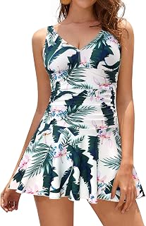 SHEKINI Women's One-Piece Swimsuit V-Neck Elegant Swimsuit Dress Swim Skirt Retro Ruched Tummy Control Swimming Dress Bathing Skirt Tankini