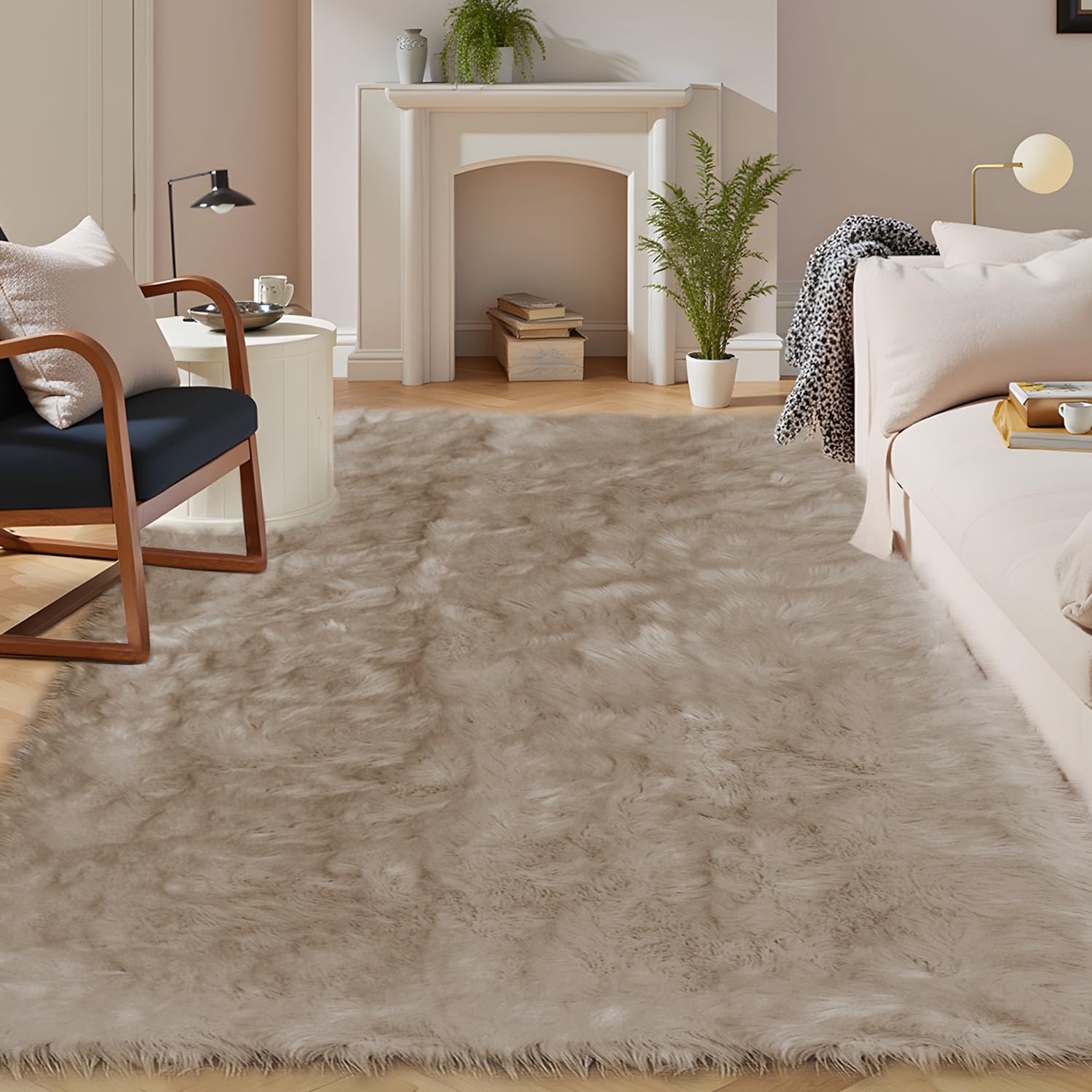 Latepis Beige Faux Fur Rug 8x10, Faux Fur Sheepskin Rug for Living Room, Fluffy 