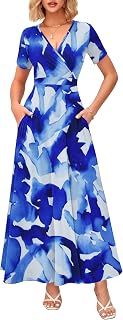 WNEEDU Women's Summer Maxi Dress Wrap Short Sleeve with Pockets