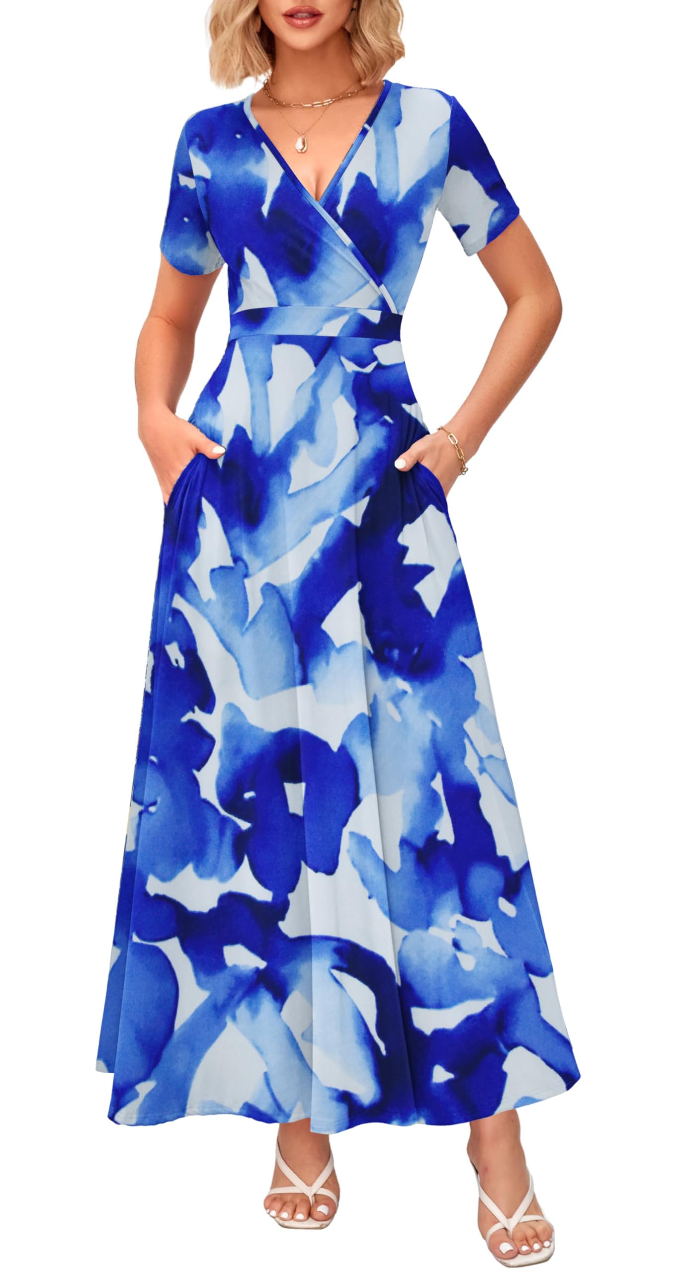 WNEEDU Women's Summer Maxi Dress Wrap Short Sleeve with Pockets