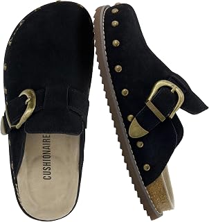 CUSHIONAIRE Bronco Slip On Mule Womens Shoes – Genuine Suede Leather Clogs with Adjustable Buckle and Studded Detailing, Stylish Fall Shoes for Women