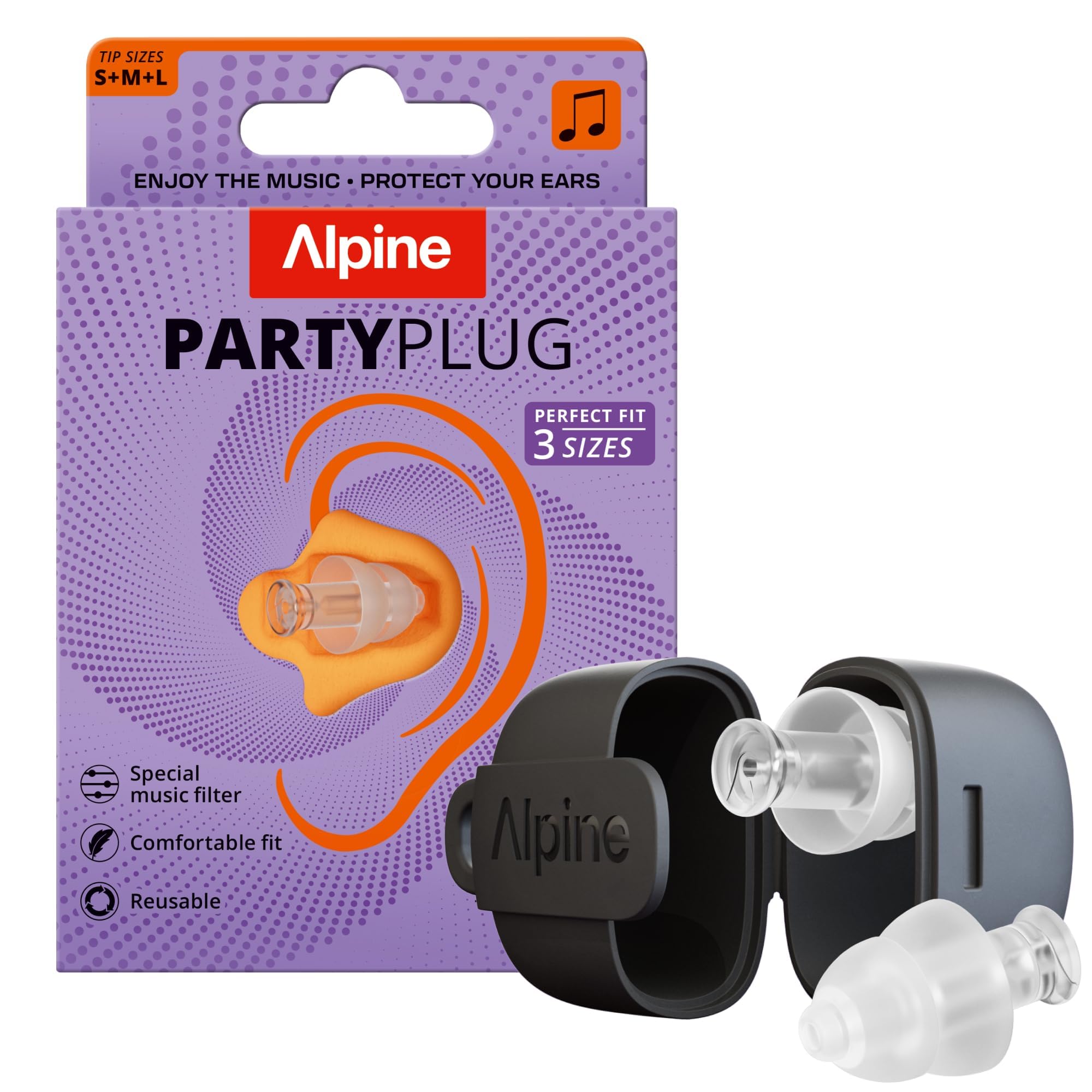 Alpine PartyPlug 19dB Party Ear Plugs 3 Tip Sizes Included,Clear | For concerts,