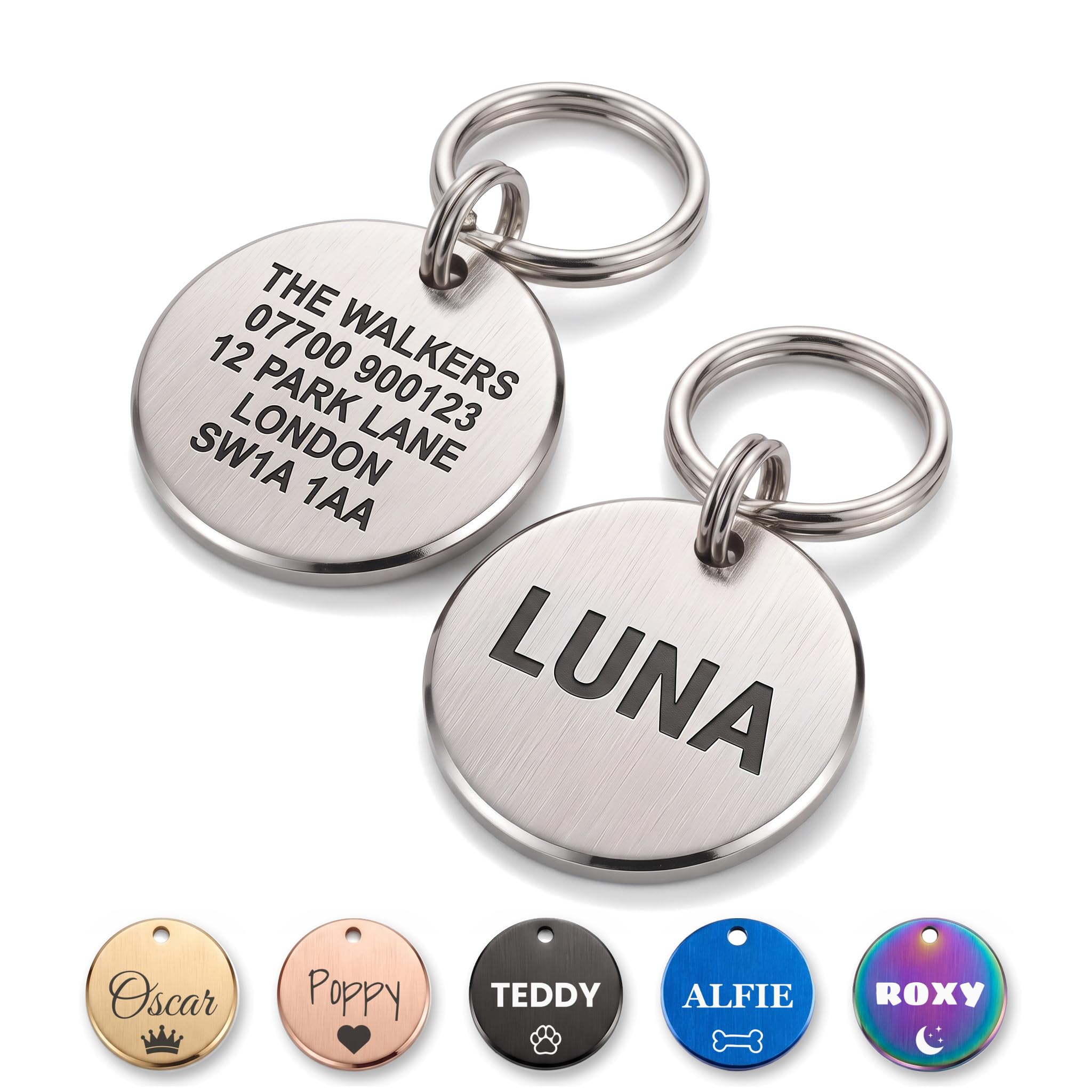 The Stately Hound Dog Tags for Pets Engraved UK, Silver Round, Medium