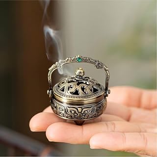 1 Pcs Vintage Antique Bronze Incense Burner Portable Antique Bronze Incense Burner with Carved Lid and Handle, Chinese Style Aromatherapy Ornament for Home, Meditation, Gift