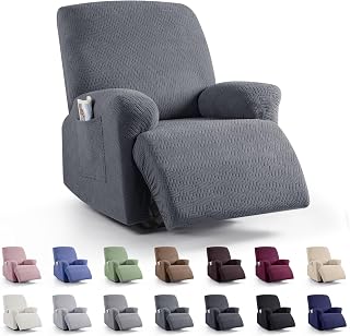KinCam Recliner Chair Covers, Stretch Reclining Cover, Dark Gray | 1 Seat Jacquard Soft Recliner Slipcovers, Washable Recliner Couch Covers, Furniture Protector Covers with Pocket for Pet Kid
