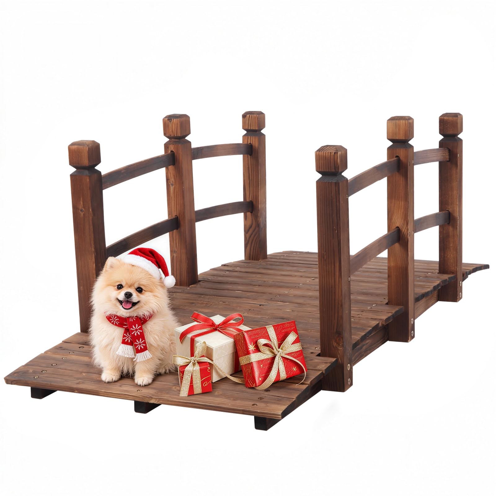 Outvita 5FT Stained Wooden Garden bridge with Safety Railings | Ornamental pond 
