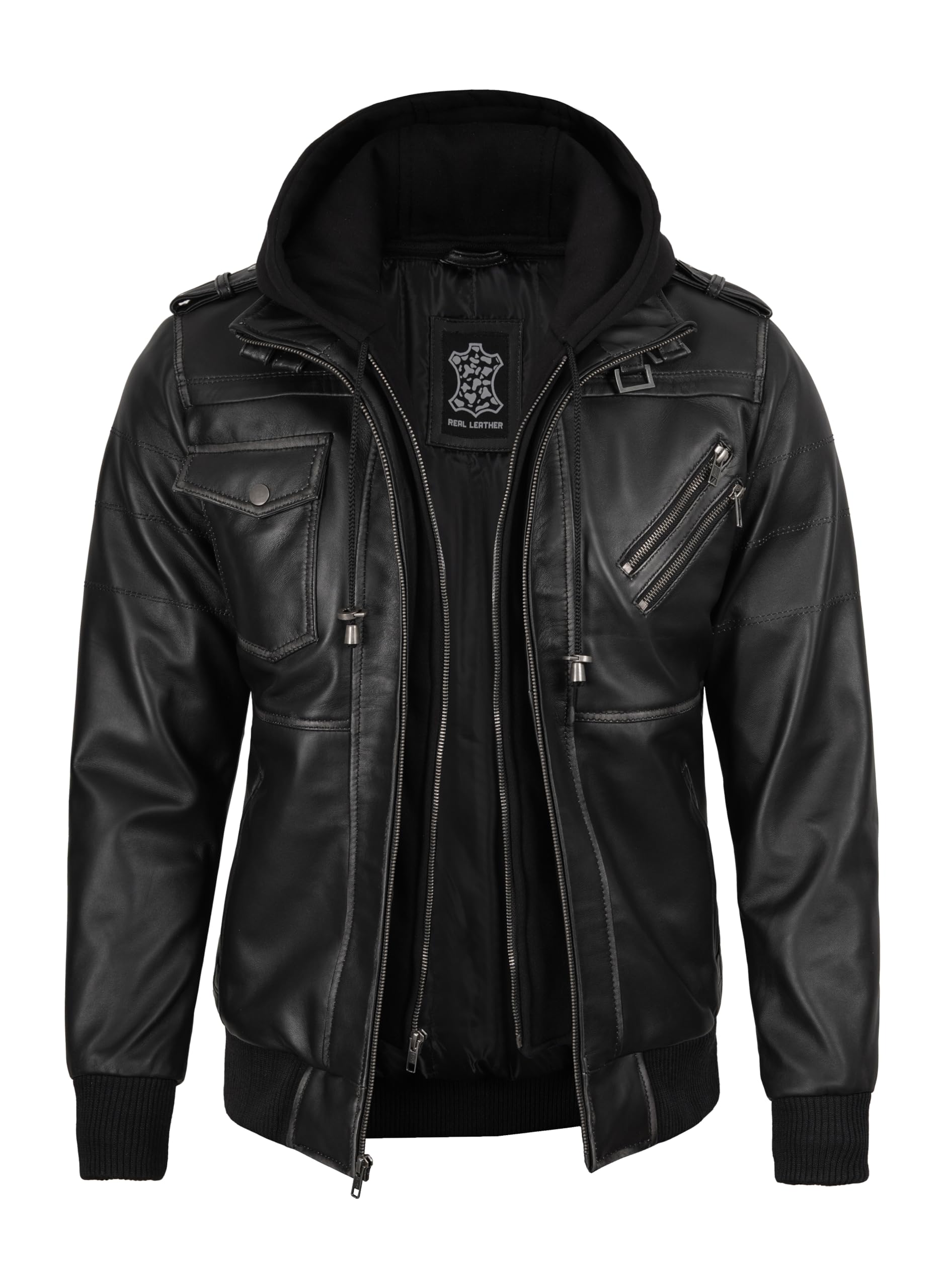Hooded Leather Jacket Men Real Leather Bomber Jackets With Detachable Hood