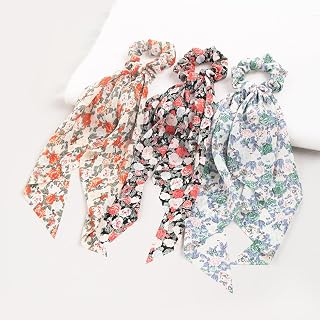 Lot de 3 chouchous à foulard pour femmes, chouchous avec nœud et long ruban de satin, chouchous floraux, bandeaux pastoraux, accessoires pour queue de cheval pour dames (beige, noir, blanc)
