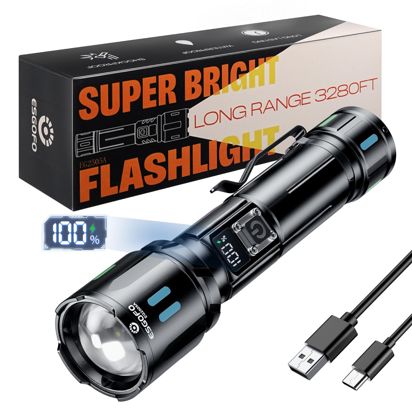 Esgofo Rechargeable Torch LED Super Bright 1000000 USB C Zoomable 3 Modes | Long