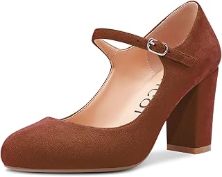 Aachcol Women's Mary Jane Pumps Chunky Mid Width Heel Closed Toe Round Toe Strap Ankle Dress Shoes Classic 8CM