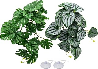 Reptile Plants Terrarium Decor, Artificial Fake Plants for Bearded Dragon, Leopard Gecko, Snake, Crested, Ball Python Tank (Monstera & Watermelon Leaf (with Suction Cups))