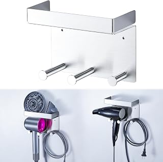 Hairdryer Holder Wall Mounted, Storage Holder for Hair Dryer and Diffuser, Stainless Steel Hairbrush Hair Tools Organiser, Adhesive Hairdryer Stand with Plug&Cord Organizer for Bathroom, Silver