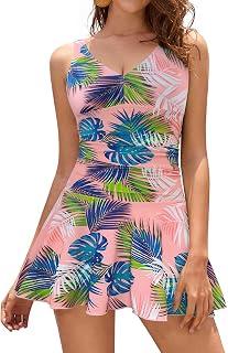 SHEKINI Women's One-Piece Swimsuit V-Neck Elegant Swimsuit Dress Swim Skirt Retro Ruched Tummy Control Swimming Dress Bathing Skirt Tankini