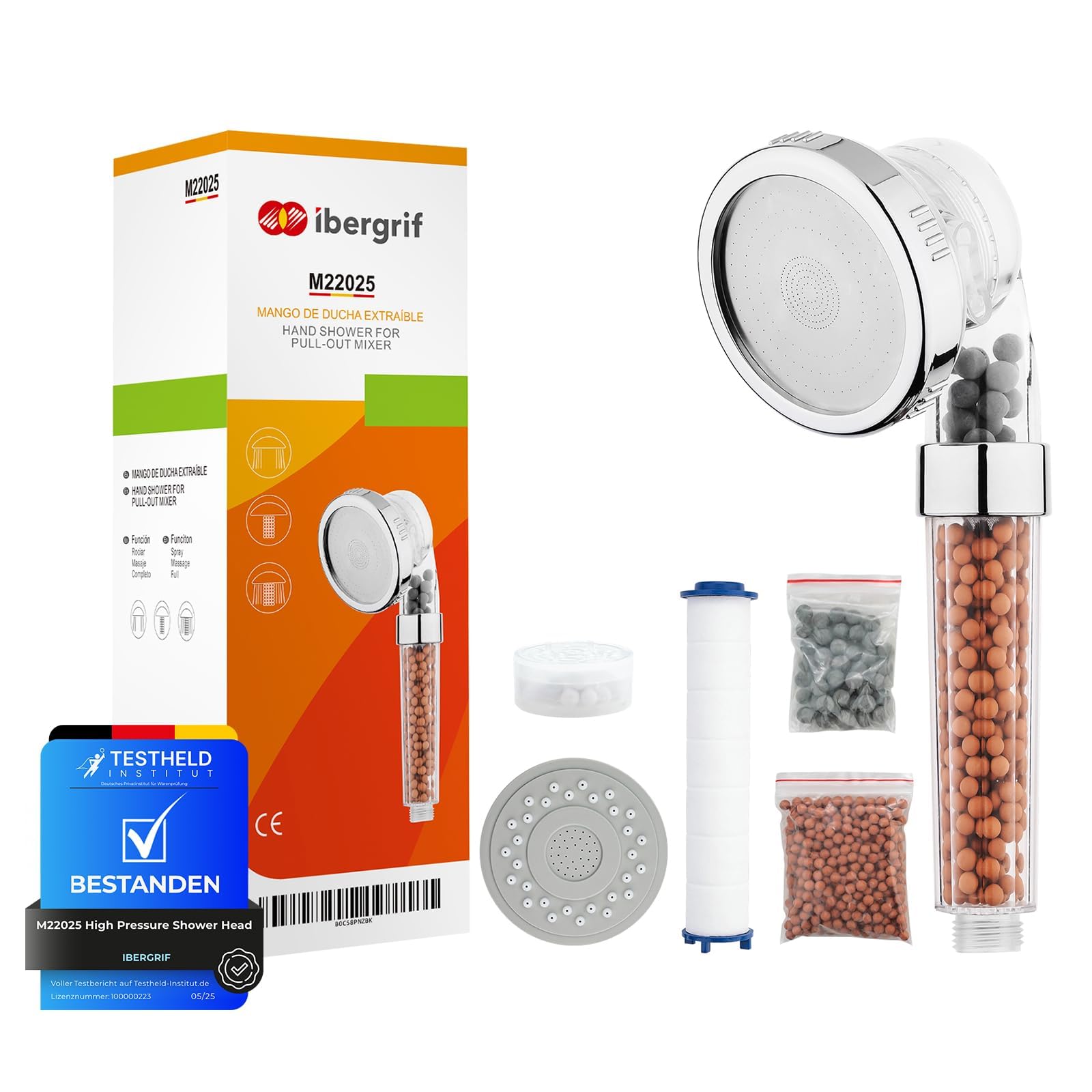 Ibergrif Shower Head High Pressure, Hard Water Filter, Anti-Limescale | 3 Modes 