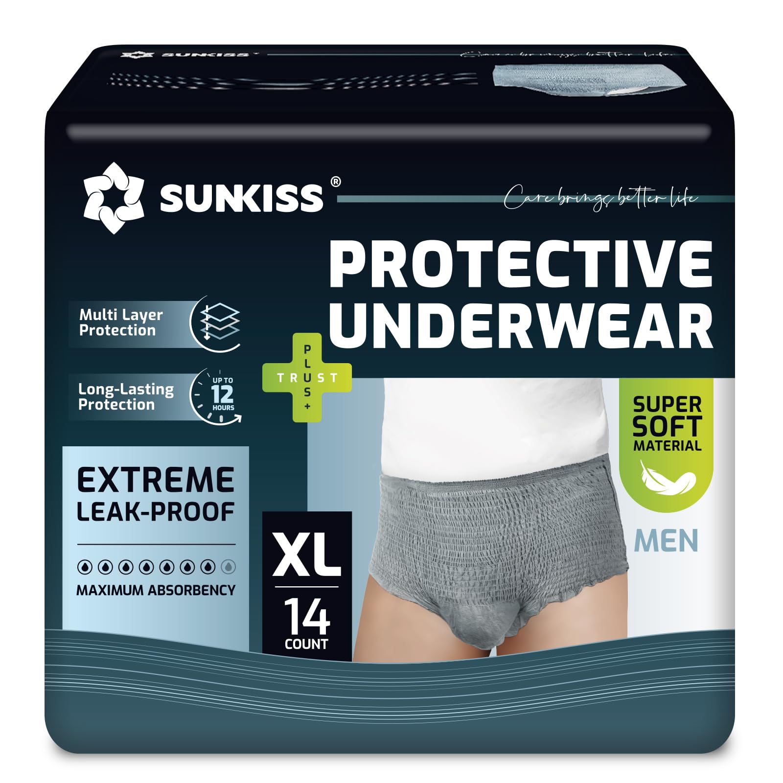 SUNKISS Super Soft Incontinence Underwear for Men, XLarge, Grey, 14 Count