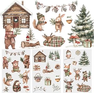 Vintage Winter Christmas Woodland Animals UV DTF Rub On Transfer Stickers | Xmas Forest Bear Fox Squirrel Ornament Decals Crafts For Wood Tumbler Glass Cup Wrap Mug Gifts Card Journaling Balls Holiday