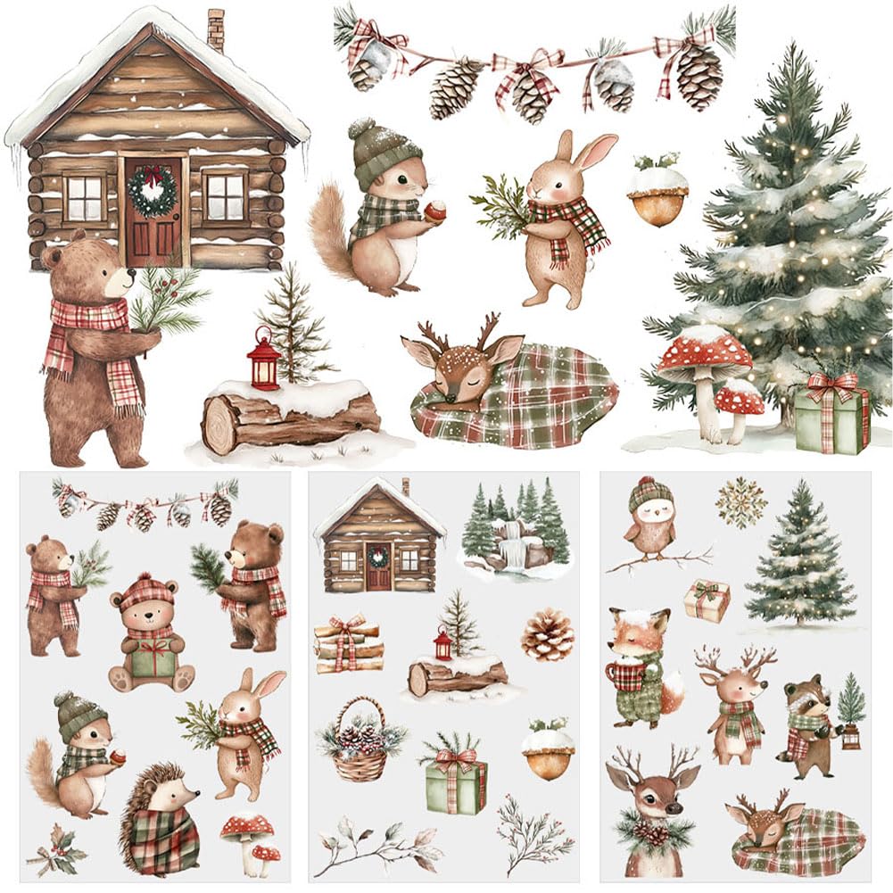 Vintage Winter Christmas Woodland Animals UV DTF Rub On Transfer Stickers | Xmas