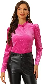 Women's Metallic Shiny Dots Ruffle Neck Long Sleeve Vintage Christmas Velvet Blouse Tops