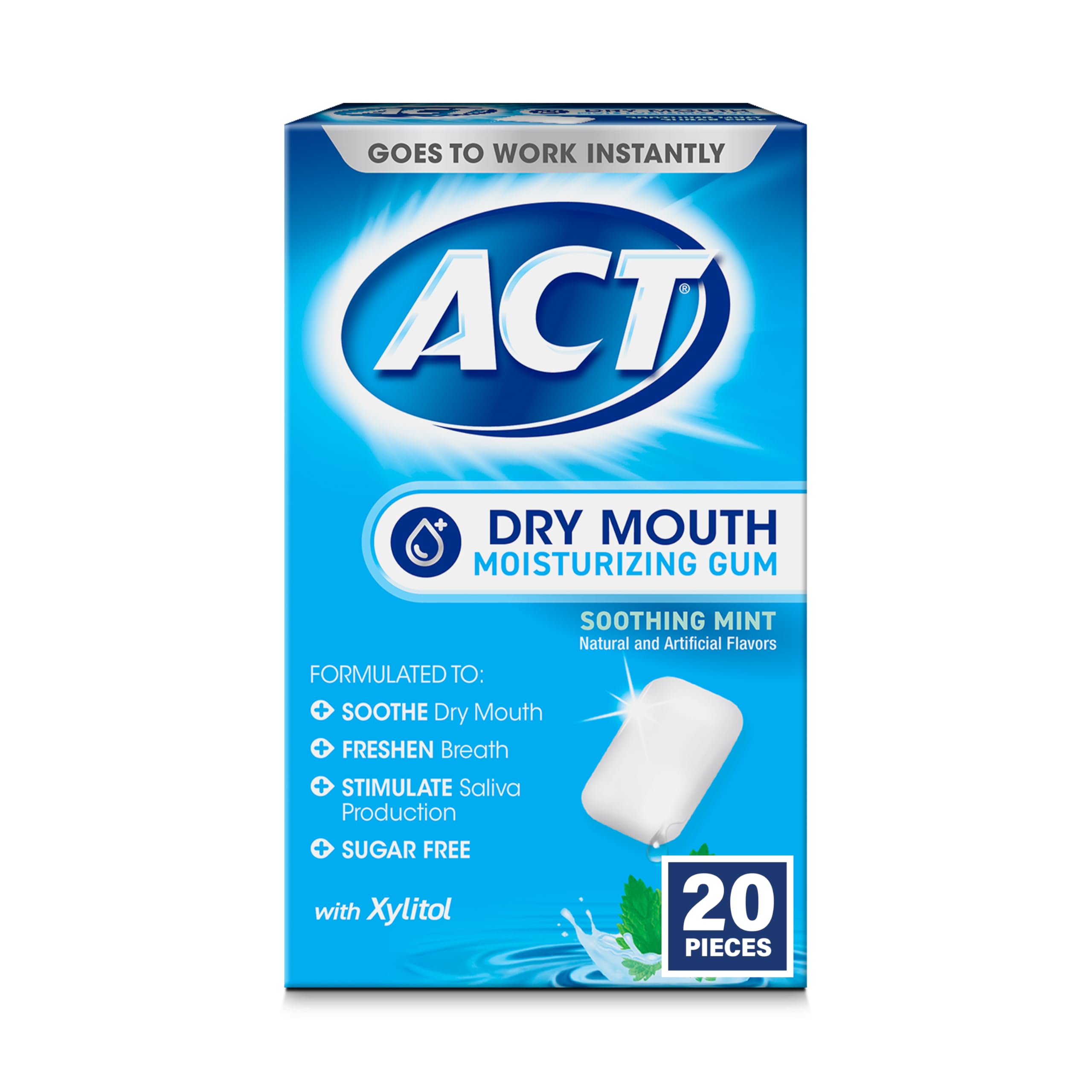 ACT Dry Mouth Moisturizing Gum, 20 Pieces, With Xylitol, Sugar Free Soothing Min