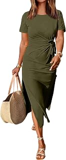 ANRABESS Summer Women Short Sleeve Round Neck Maxi Dress Tie Waist Casual Slim Fit Slit Beach Dresses