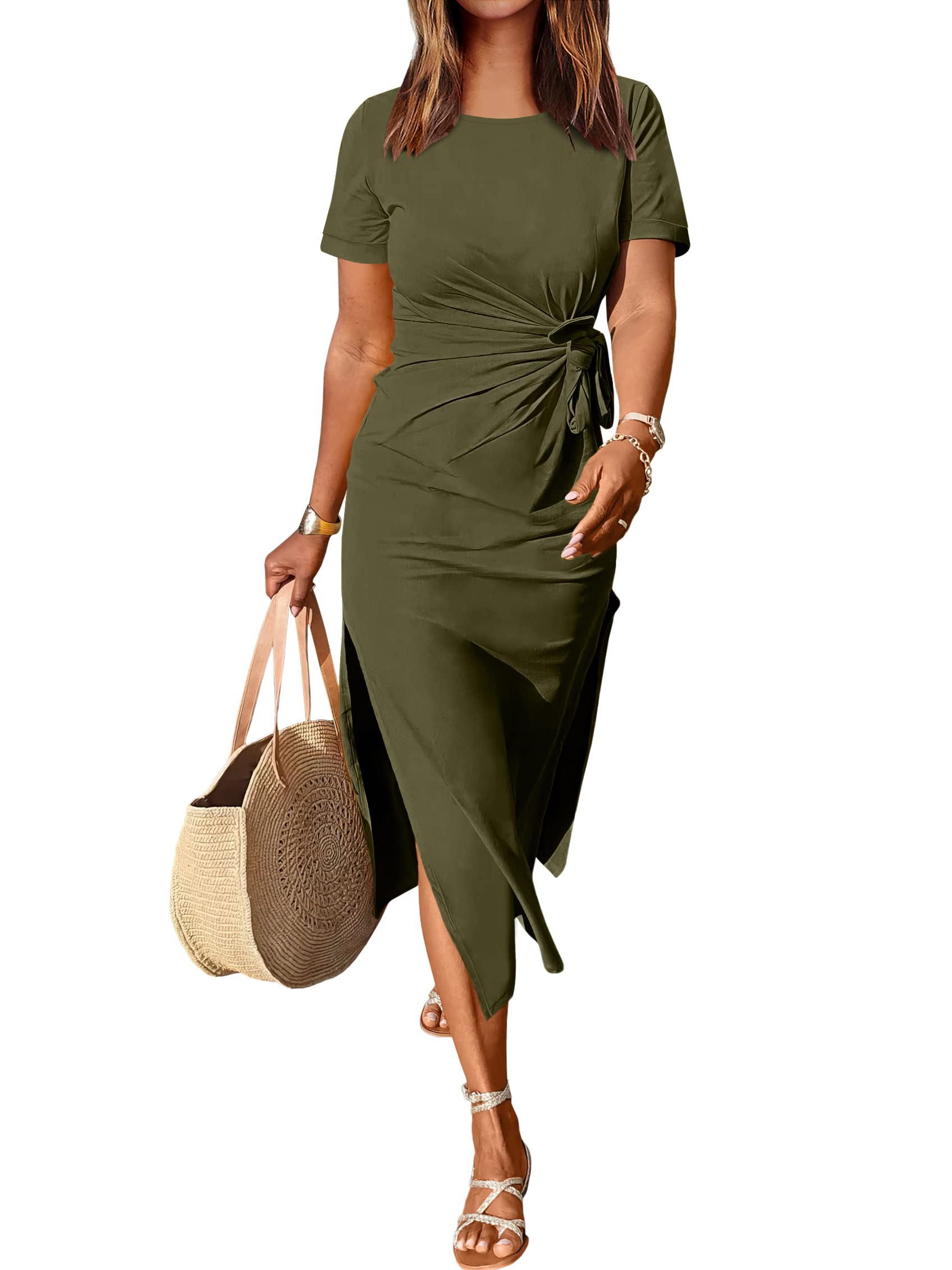 ANRABESS Summer Women Short Sleeve Round Neck Maxi Dress Tie Waist Casual Slim F