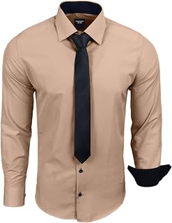 Subliminal Mode - Men's Long-Sleeved Shirt with Two-Tone Collar Plain + Black Tie Shirt Slim Fit Business Easy Iron RN77