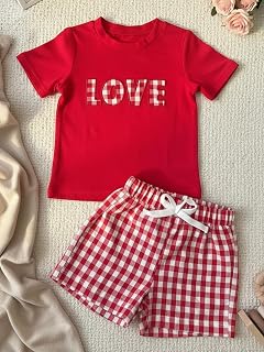 Xmas Soft Breathable Gingham Shirt and Shorts Toddler Short Sleeve Outfit Set 2 Piece Summer Playwear