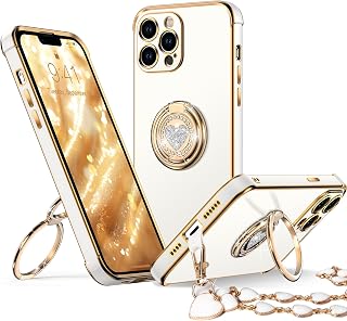 XYZ Custodia per iPhone 12 Pro Max con supporto, custodia per telefono con cavalletto a doppio anello, donne e ragazze, custodia protettiva di lusso con cuore per iPhone 12 Pro Max, bianco