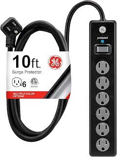 GE Surge Protector Power Strip, 10 Ft Long Extension Cord, 6 Outlet Extender, 800 Joules, Flat Plug, Wall Mount, Twist-to-Close Covers, ETL Listed, Black, 37442