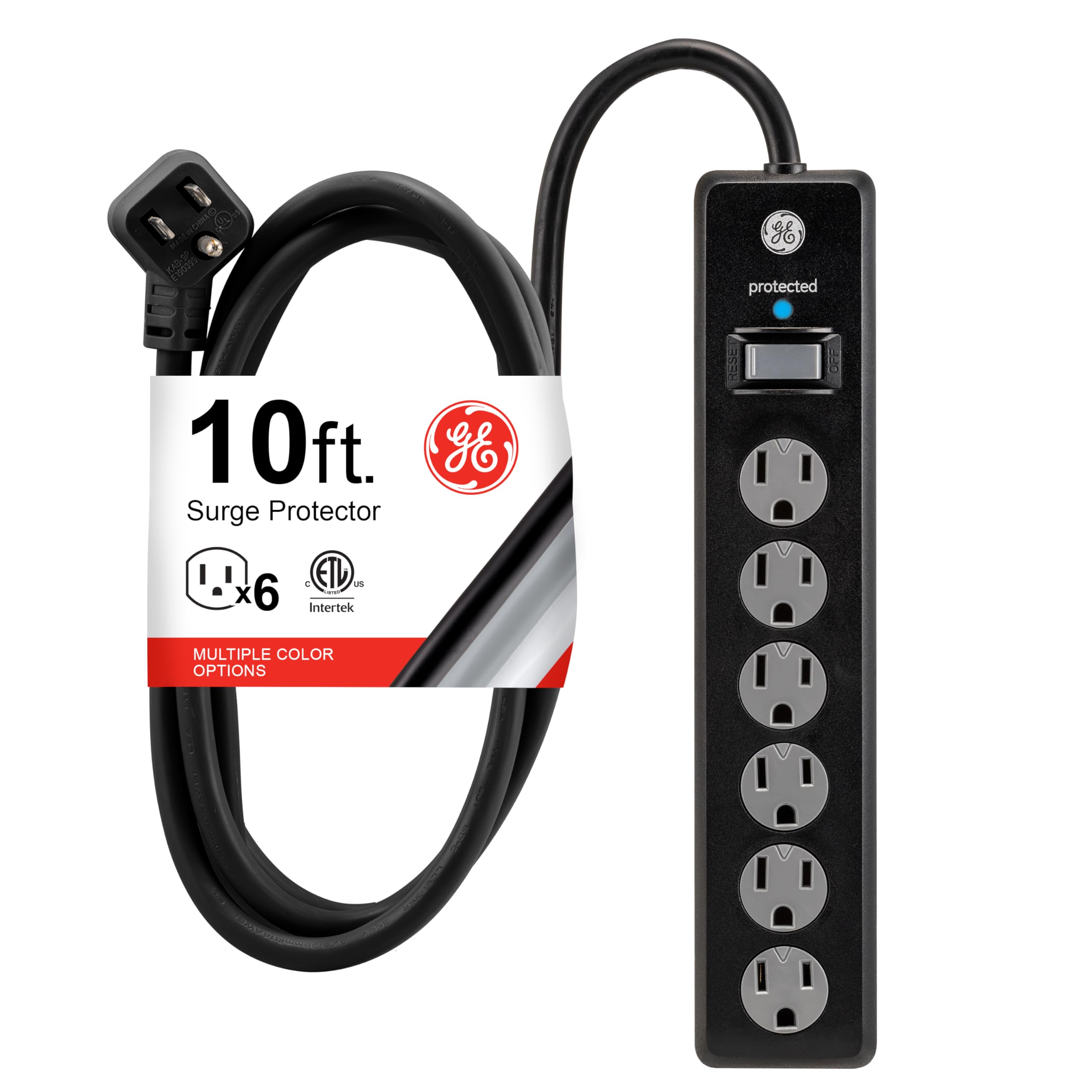 GE Surge Protector Power Strip, 10 Ft Long Extension Cord, 6 Outlet Extender, 80