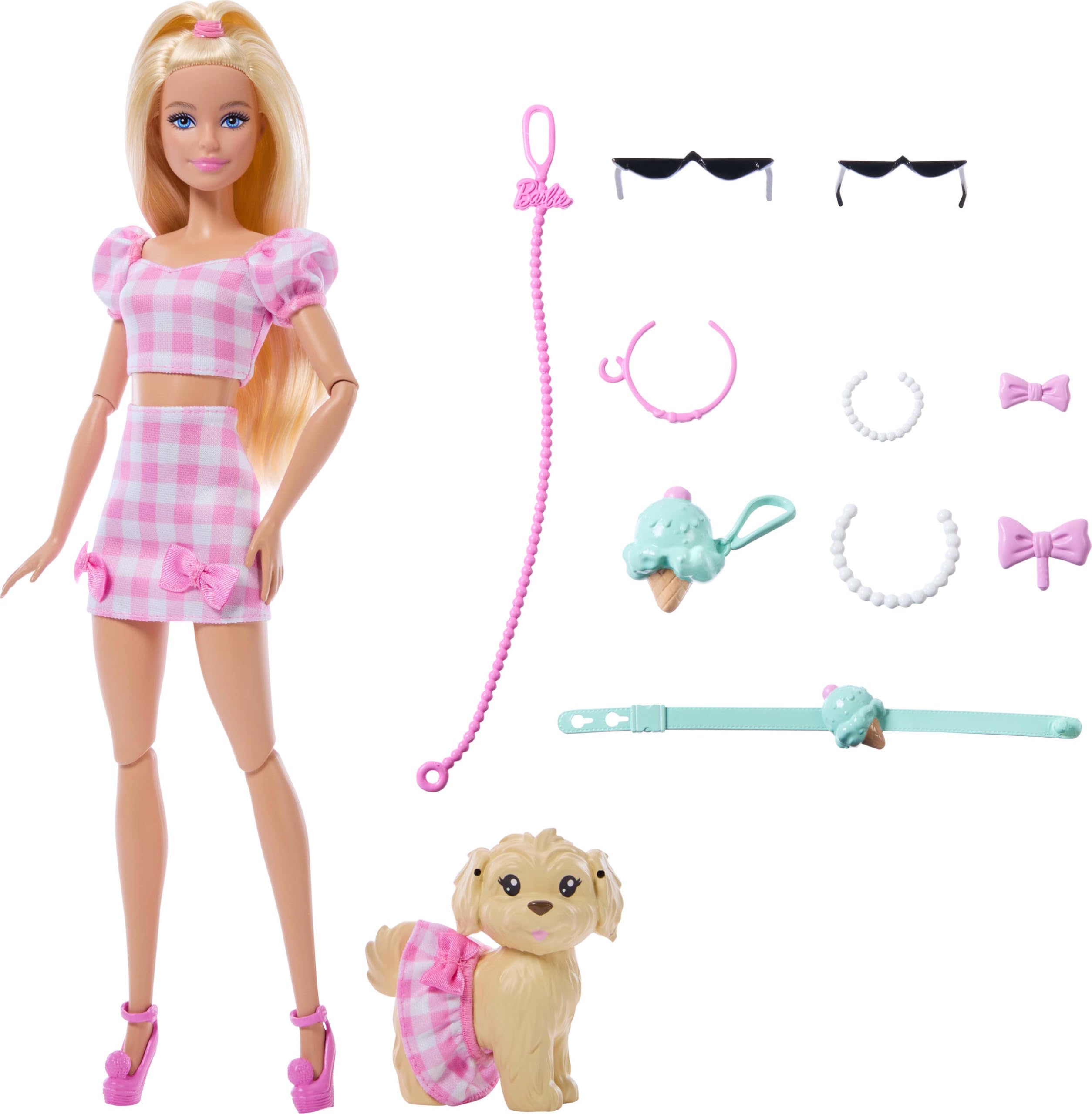 Barbie Twinning Looks Doll with Pet Dog in Matching Pink Gingham Clothes | and A