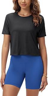 ODODOS Women's Performance Cropped Tee Ultra Soft odSTRATUM Tech Short Sleeve Relaxed Top Crew Neck T-Shirts